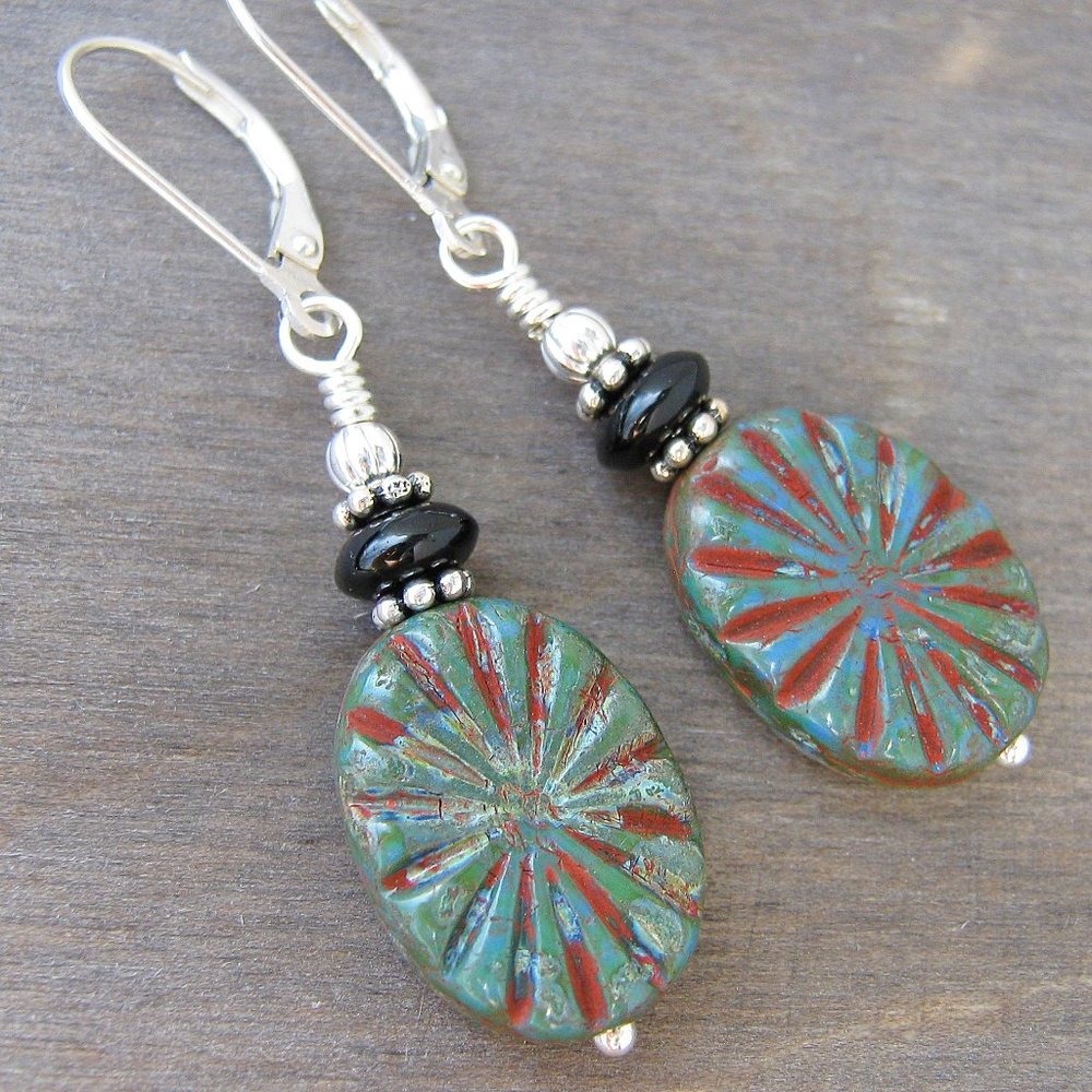 Southwest Western Earrings Black Onyx Sterling Silver Sunburst Leverback Dangle - Picture 6 of 9